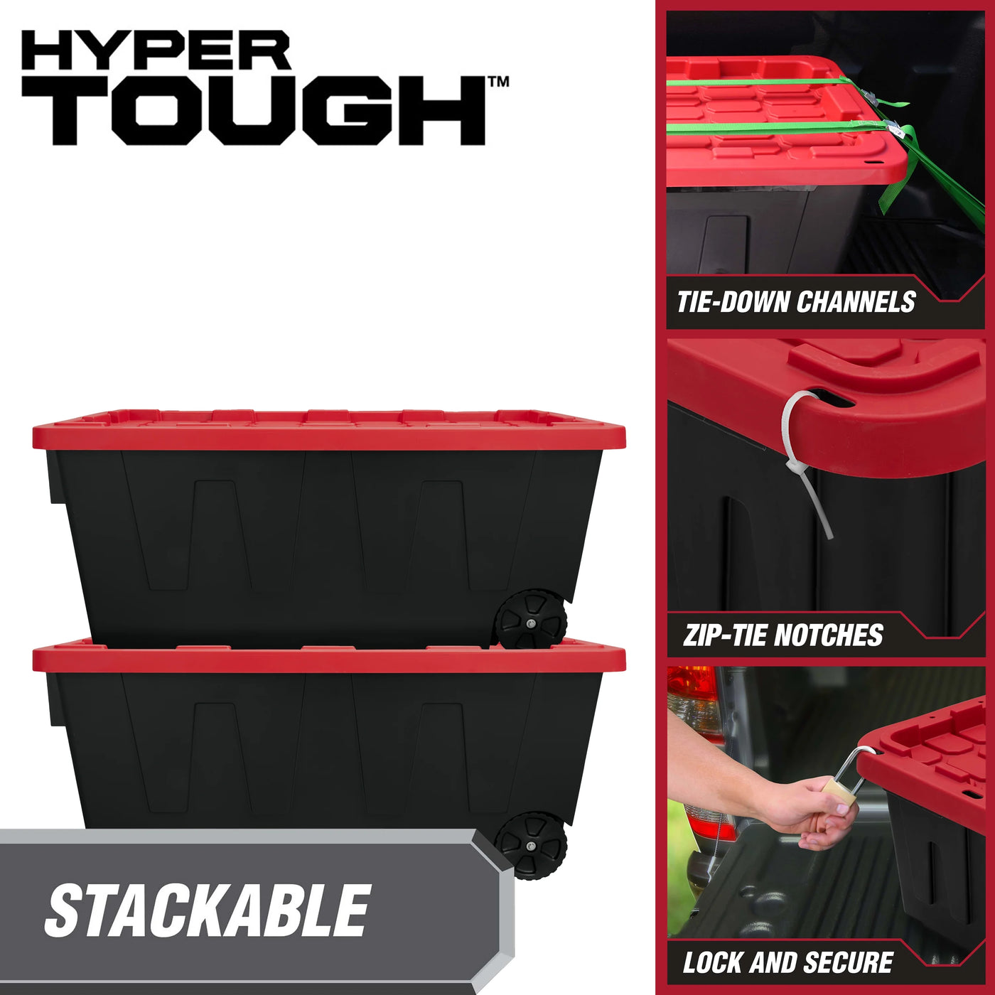 Hyper Tough 50 Gallon Snap Lid Wheeled Plastic Storage Bin Container, Black with Red Lid