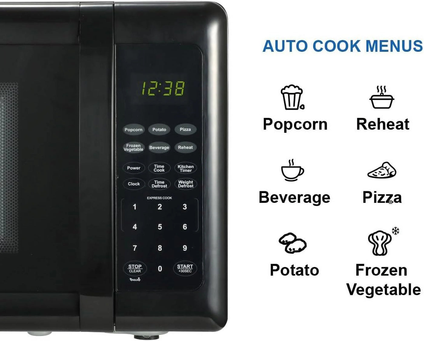 Compact Countertop Microwave Oven with Touch Control, LED Display, 700W, 10 Power Levels, 6 Auto Menus, Glass Turntable and Child Safe Lock, 0.7 Cu., Ft. Black