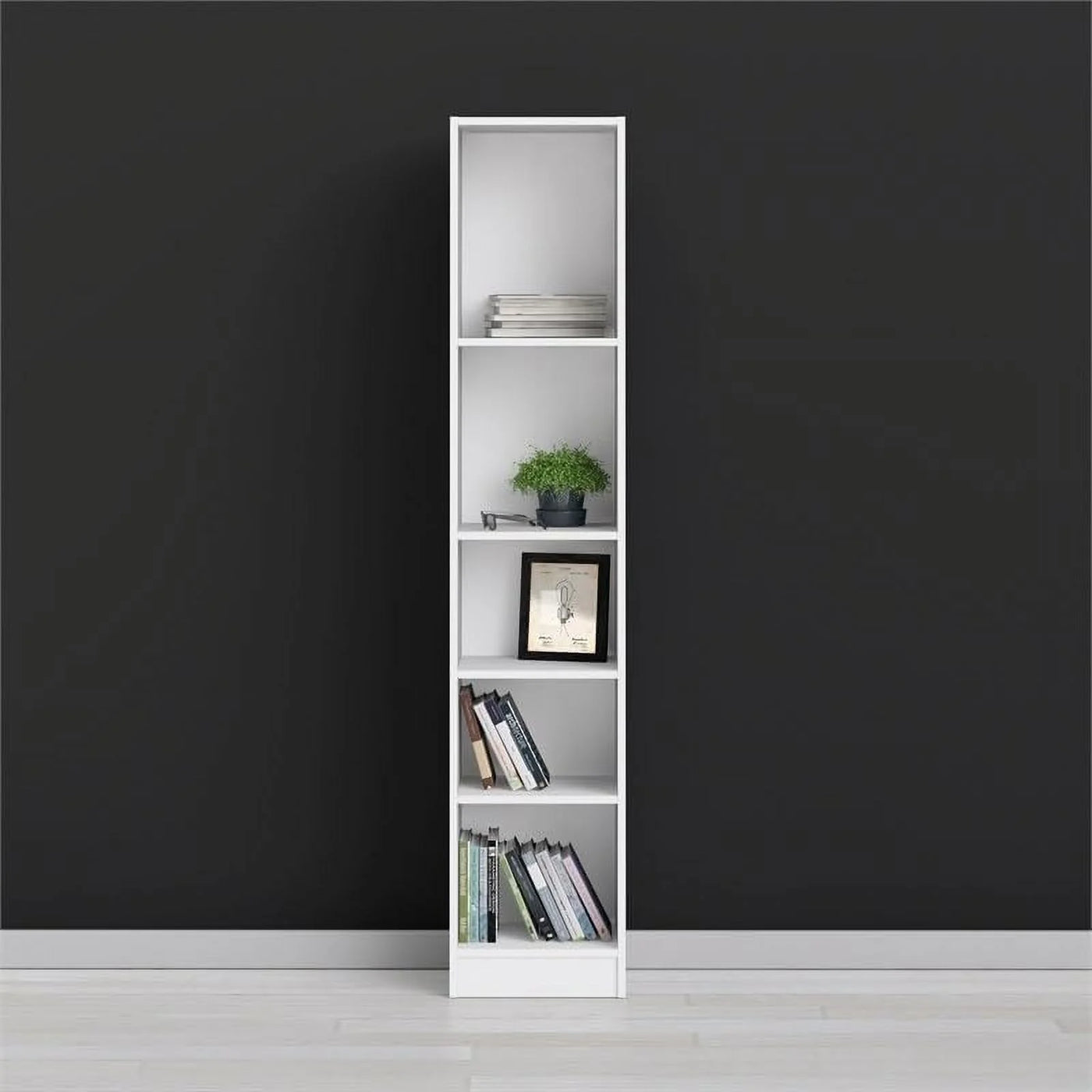 White Modern 5-Tier Tall Bookshelf Compact Size 10.5"D x 16"W x 80"H Living Room Office Shelves Storage Furniture Display Stand