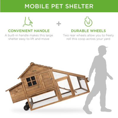 Best Choice Products 70in Mobile Fir Wood Chicken Coop Tractor Hen House w/ Wheels, 2 Doors, Nest Box, Removable Tray