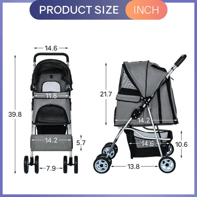 Dkelincs Pet Stroller 4 Wheels Foldable Dog Cat Stroller Travel Carrier with Storage Basket & Cup Holder, Grey