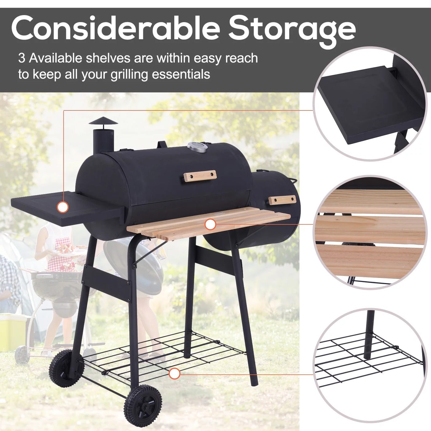 Outsunny 48" Steel Portable Backyard Charcoal BBQ Grill and Offset Smoker Combo