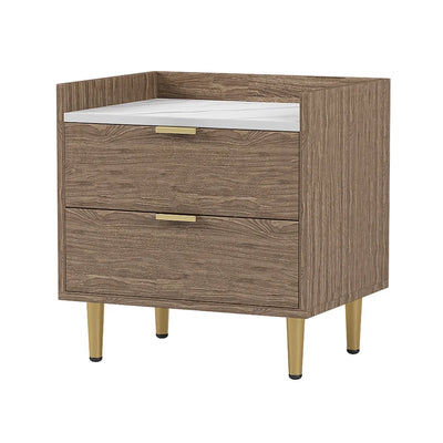 Ecarpat Wooden Nightstand with 2 Drawers, Bedside Table with Metal Legs&Handles, Side Table with Marbling Worktop for Living Room Bedroom, Walnut