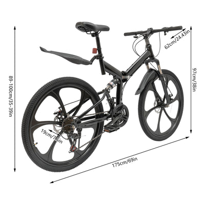 Aiqidi 26 Inch 21 Speed Folding Mountain Bike Full Suspension MTB Dual Disc Brakes Bicycle Foldable City Road Bike Seat Height Adjustable Unisex Adult Bicycle Black