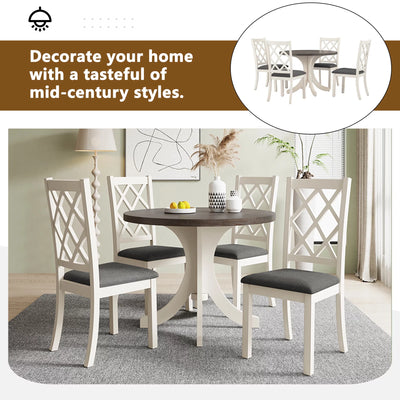 Llinc Store Mid-Century Solid Wood 5-Piece Round Dining Table Set for 4 Kitchen Table Set with Upholstered Chairs for Small Places Brown Table+Gray Chair