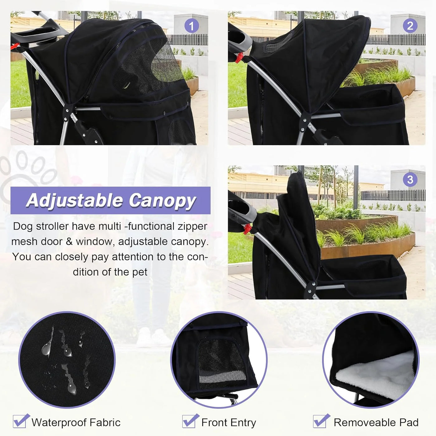 Dog Stroller Folding Pet Stroller 4 Wheels Cat Stroller Foldable Stroller Waterproof Travel Carrier Strolling Cart for Puppy Jogger Stroller W/Cup Holder & Storage Basket, Black