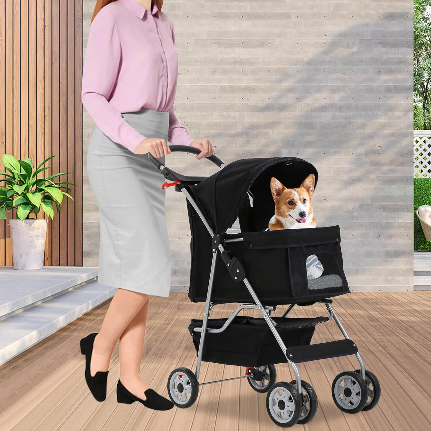 Dog Stroller Folding Pet Stroller 4 Wheels Cat Stroller Foldable Stroller Waterproof Travel Carrier Strolling Cart for Puppy Jogger Stroller W/Cup Holder & Storage Basket, Black