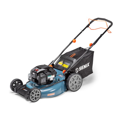 SENIX 22-Inch 163 cc 4-Cycle Gas Powered RWD Self-Propelled Lawn Mower, 3-In-1, 1-Step Start Auto Choke, Single Lever Height Adjustment, 11-In Rear Wheels, LSSG-H1