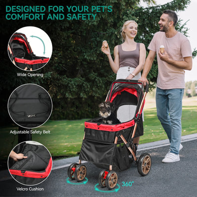 Dextrus Dog Stroller for Medium Small Dogs, Upgraded Version with Larger Room, 4 Wheels Foldable Pet Stroller with 360° Rotation Wheel, Cat Kitty Puppy Stroller with Storage Basket (Red)