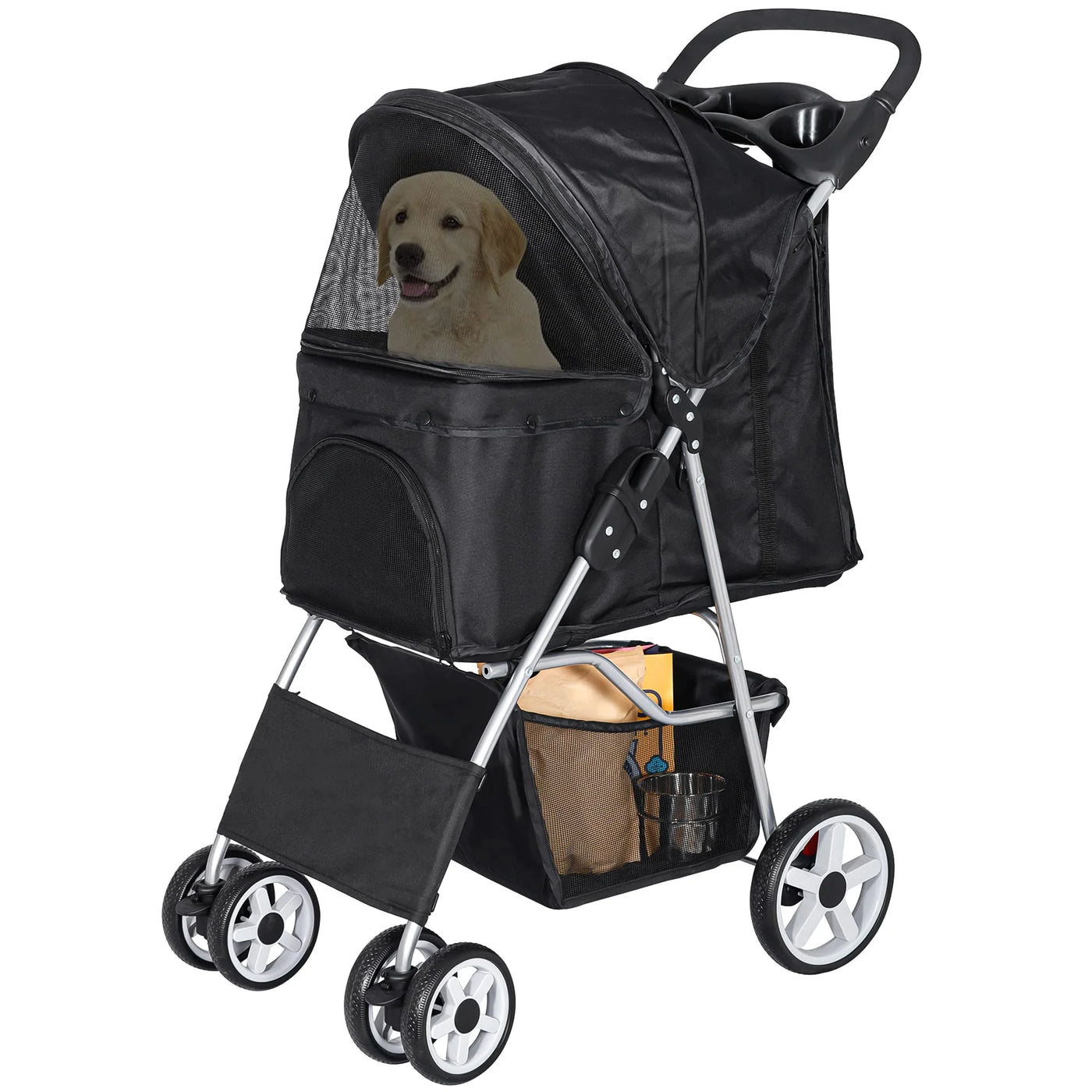 Pet Stroller 4 Wheels Dog Cat Stroller for Small Medium Dogs Cats Foldable Puppy Stroller with Storage Basket and Cup Holder