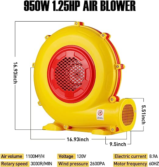 950W Air Blower, Pump Fan Commercial Inflatable Bouncer Blower, Perfect for Inflatable Movie Screen, Inflatable Paint Booth, Inflatable Bounce House, Jumper, Bouncy Castle