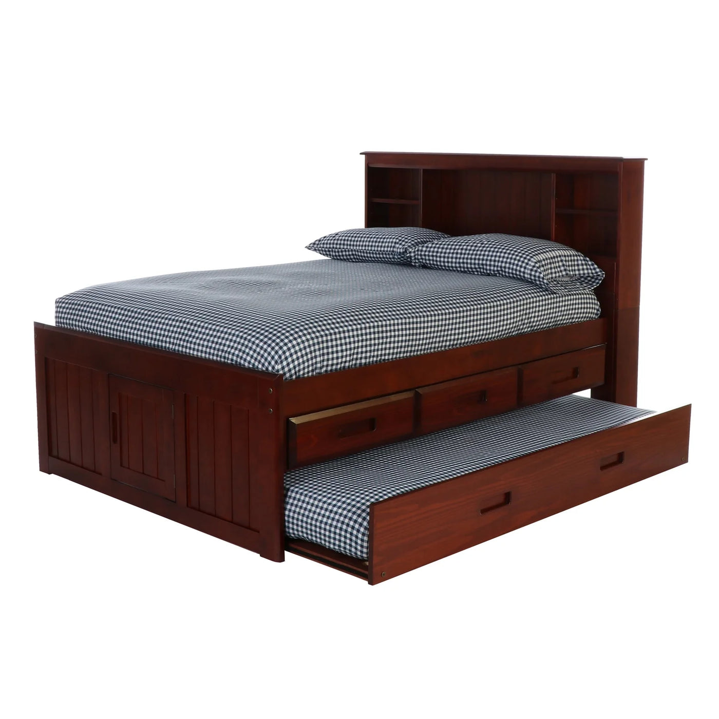 OS Home and Office Solid Pine Full Size Captains Bookcase Bed-Style:3 Drawers with Trundle/Merlot