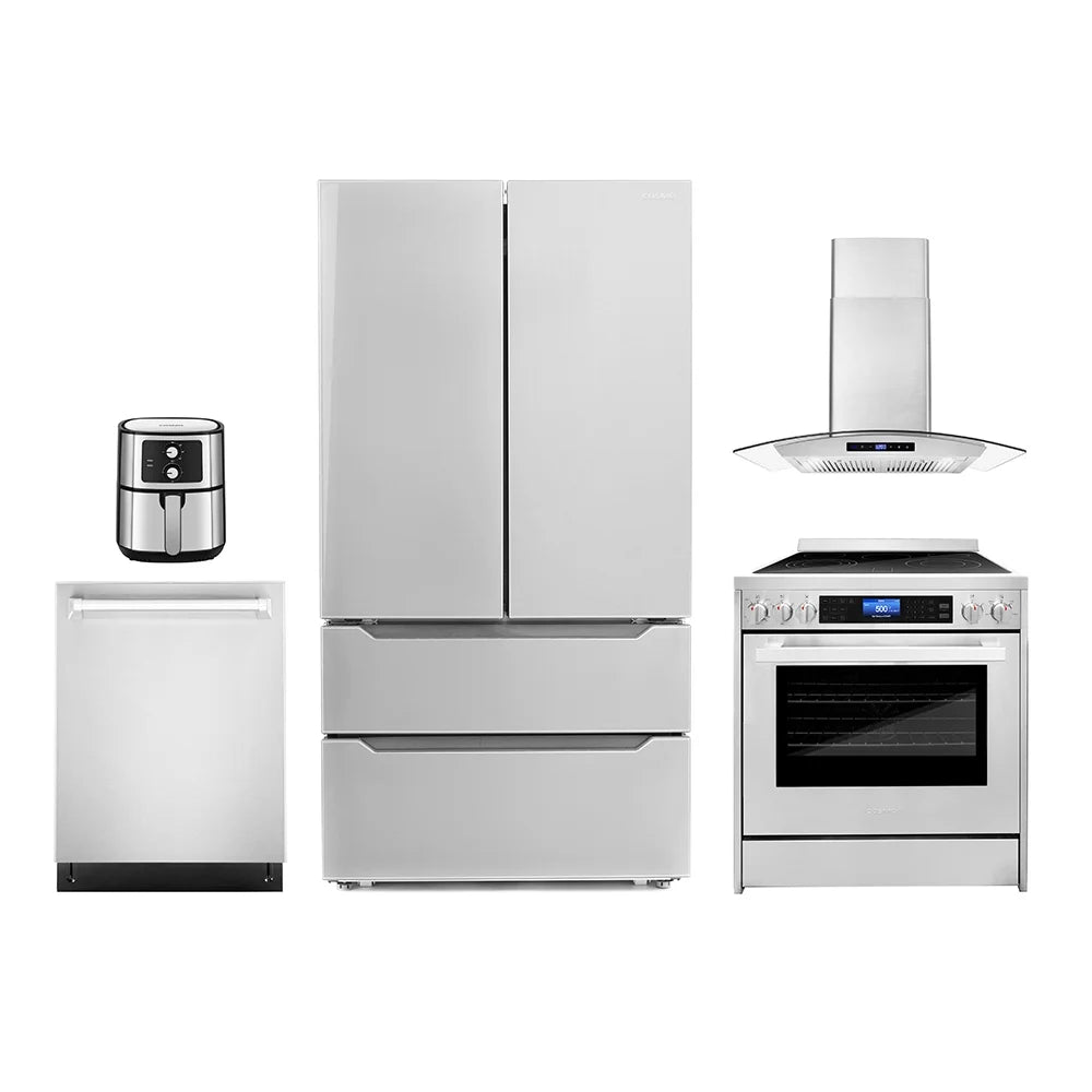 5 Piece Kitchen Package with 30" Freestanding Electric Range 30" Wall Mount Range Hood 24" Built-in Fully Integrated Dishwasher French Door Refrigerator & 5.5L Electric Hot Air Fryer