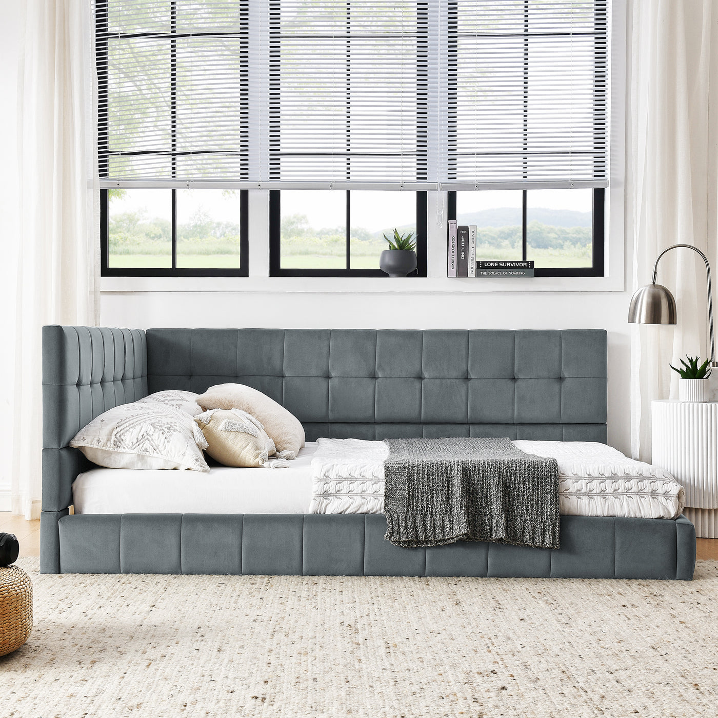 Full Size Upholstered Tufted Bed Frame with Comfortable Backrest and Armrests, Velvet Sofa Bed for Bedroom or Living Room, Grey (80.5'' x 59'' x 30.5'')