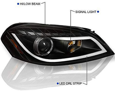 DRL LED Light Bar Strip Projector Headlight Head Lamp Replacement in Black Housing Clear Lens Made For And Compatible With 2006 - 2013 Chevy Chevrolet Impala 06 07 08 09 10 11 12 13