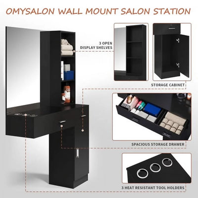 OmySalon Wall Mount Barber Salon Stations for Hair Stylist, Beauty Styling Equipment Organizer w/Mirror, Hair Salon Supply cabinet w/1 Storage Cabinet, 2 Drawers & 3 Tier Shelf (Black)