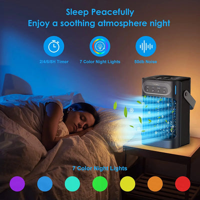 Portable Air Conditioners Cooling Fan – VICELEC Evaporative Mini Air Conditioner Portable with 3 Cool Mist & 3 Speeds, 7 Night Light & 2-8H Timer, Personal Air Cooler for Bedroom Office Camping