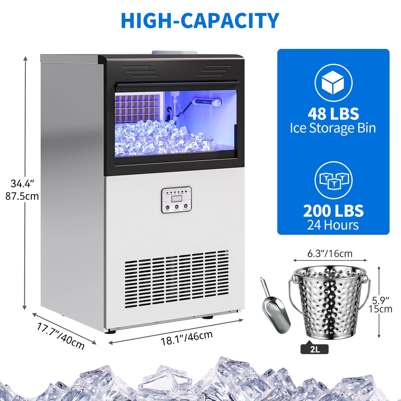 Dextrus Commercial Ice Maker Machine 200LBS/24H with 48LBS Storage Bin, Tap Water Freestanding Ice Machine with Stainless Steel Ice Scoop Ice Bucket, Ice Maker Machine for Home Bar Restaurants Bar