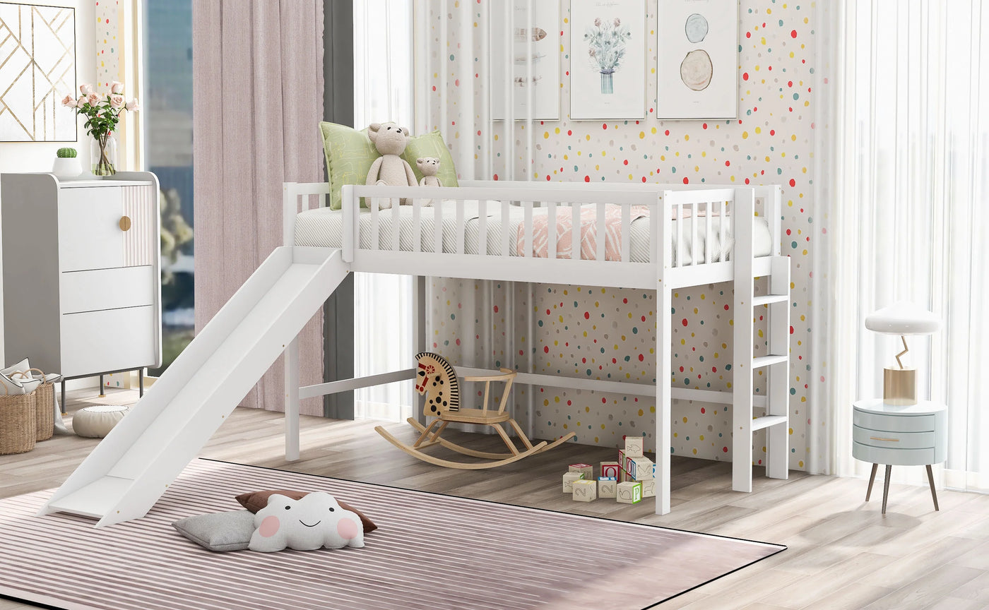 :Low Loft Bed with Slide and Ladder, Twin Size, White - Fun Slide, Space-Saving Design, Perfect for Kids