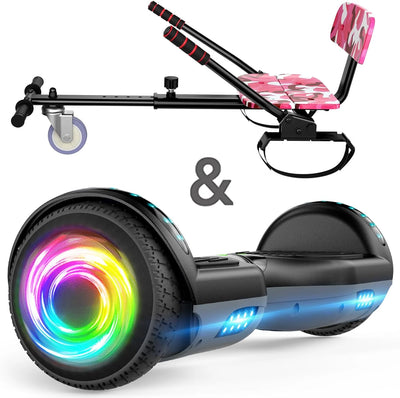 SISIGAD Electric Hoverboard and Kart Combo, Hoverboard with Go Kart Kit, 6.5 inch Wheels with LED Lights for Kids