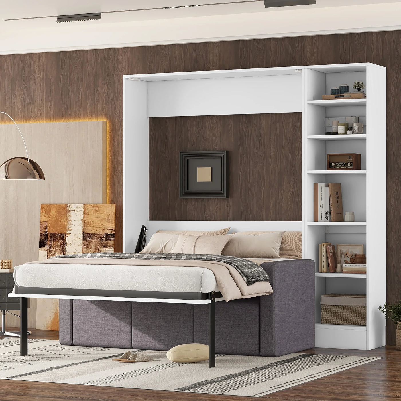 White Full-Size Murphy Bed with Sofa: Wall Bed Design, Integrated Shelves for Space Saving