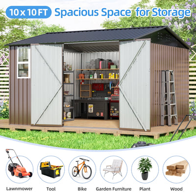 JAXPETY 10 x 10 ft Outdoor Metal Storage Shed with Window & Lockable Door for Garden, Backyard, Tool Storage Use, Brown