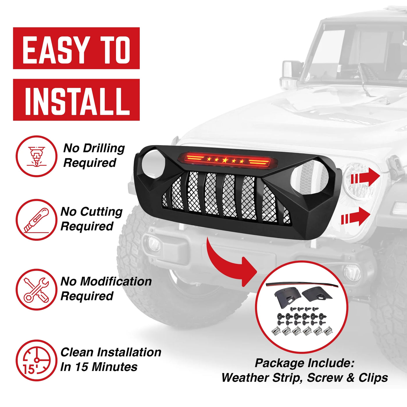 AMERICAN MODIFIED Demon Grille w/Red Lights for 18-21 Wrangler/Gladiator