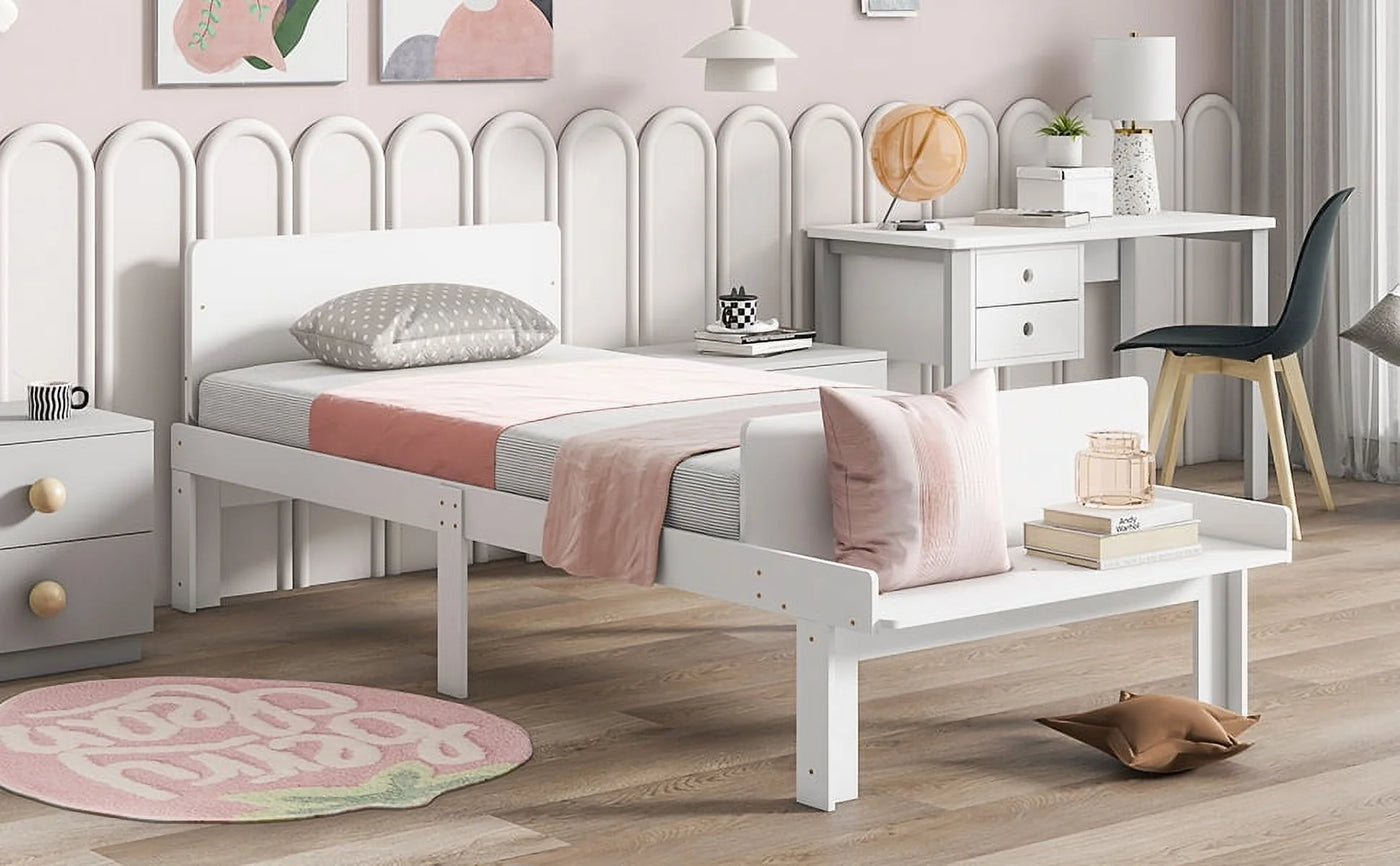 Create a chic and cozy bedroom look with this stylish and elegant white twin bed featuring a footboard bench for added comfort - perfect for enhancing the style and comfort of your bedroo