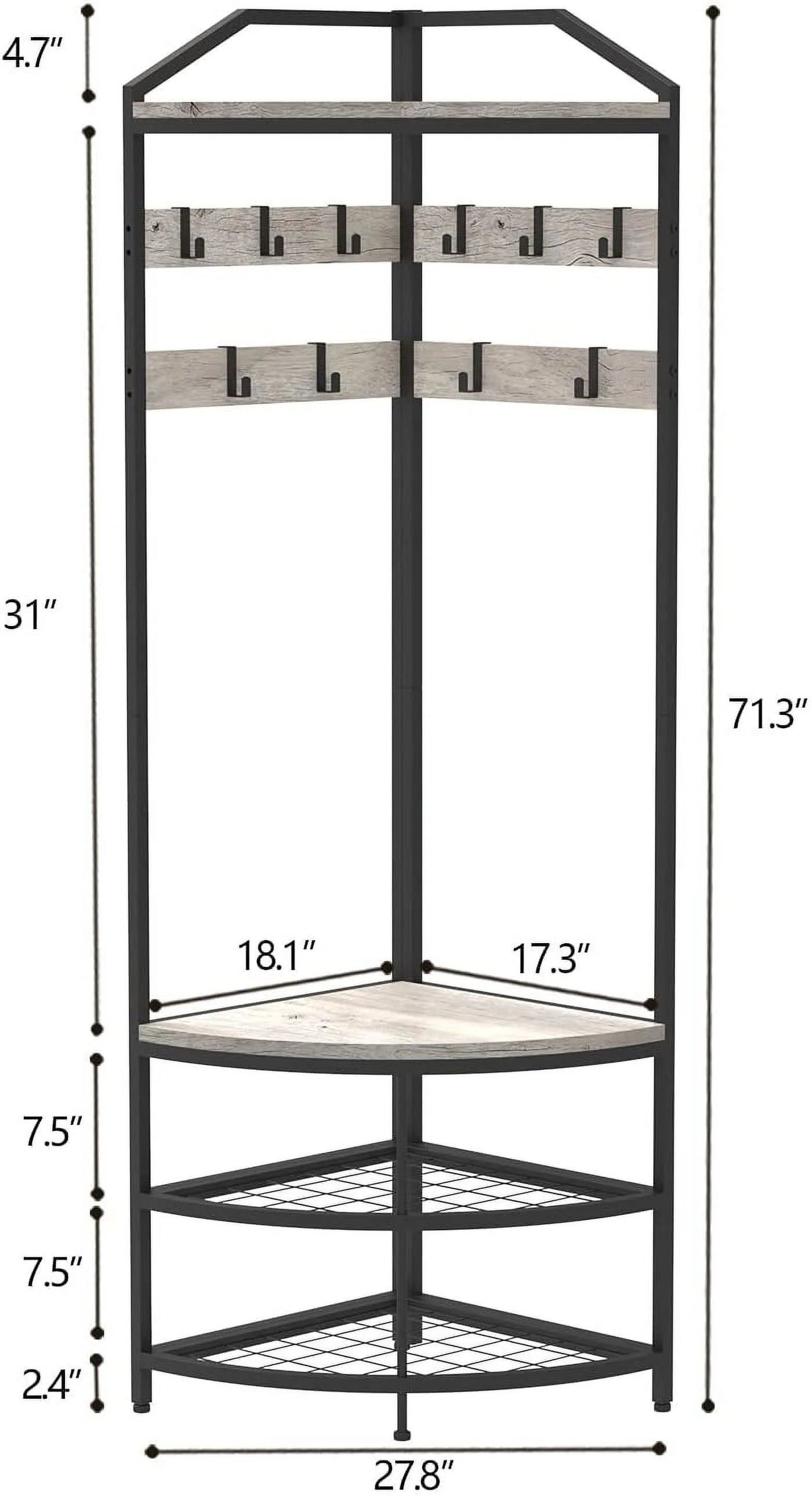 DONFU Grey Corner Hall Tree with Shoe Bench Entryway Coat Rack with 10 Metal Movable Hooks Rustic Farmhouse Freestanding Clothes Rack Shoes Shelf Organizer for Home Office Bedroom (Greige)