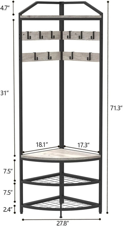 SQRTYVG TUIONMJ Modern Black Entryway Corner Hall Tree with Shoe Bench Entryway Coat Rack with 10 Metal Movable Hooks Wooden TUIONMJ Shoes TUIONMJ Organizer for Home Office Bedroom (Black