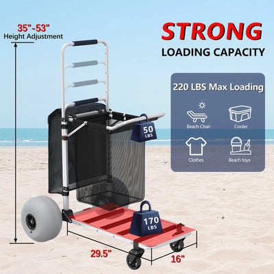 GDLF Foldable Beach Cart with Adjustable Handle and 12" Balloon Wheels, Heavy Duty Aluminum 220LBS Capacity