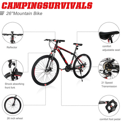 CamPingSurvivals 26" Lightweight Explorer Mountain Bike, for Men and Women Exercise Fitness, 21-Speed, Red/Black