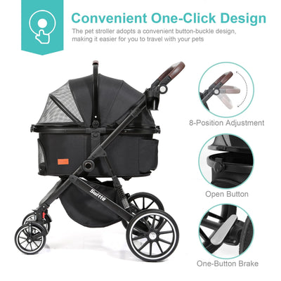 SWITTE Pet Stroller Foldable Dog & Cat Stroller 3-in-1 4 Wheels Travel Jogger, Black