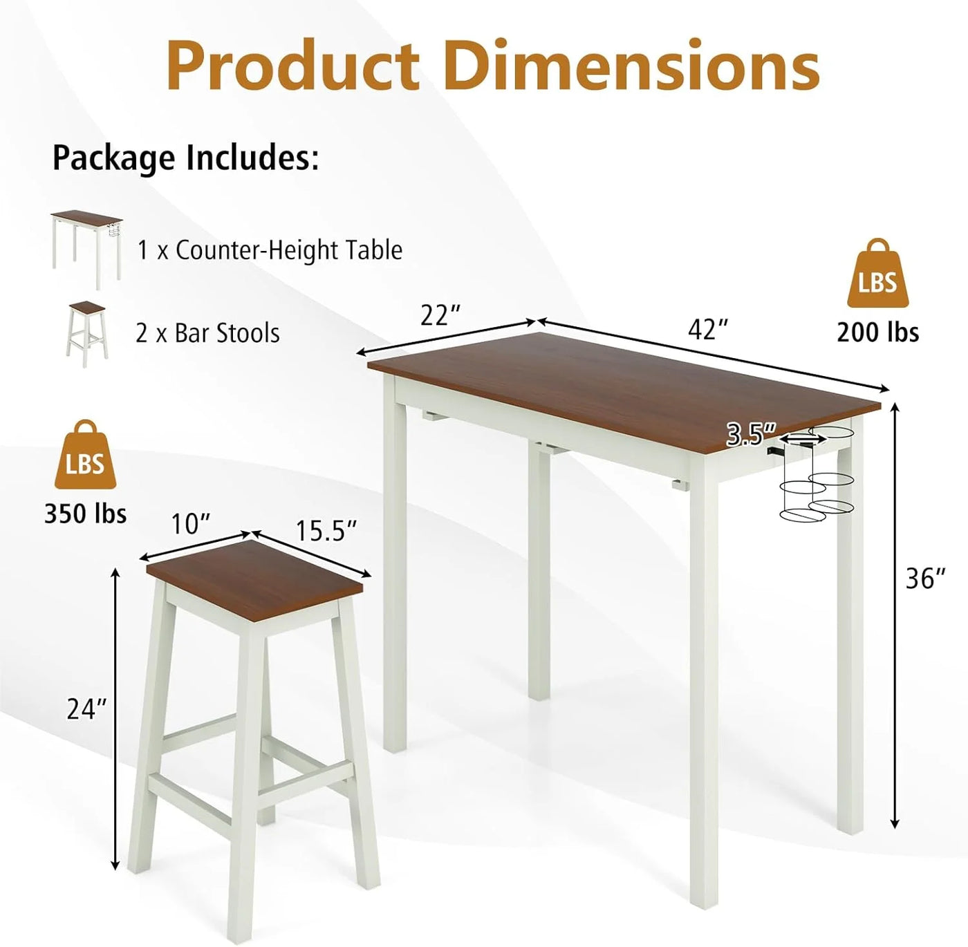 3-Piece Bar Table Set - Counter Height Pub Table w/ 2 Stools, 2 Wine Holders, Rubber Wooden Legs, Space-Saving Dinette Table Set for Bar, Kitchen, Living Room, Cream White & Walnut