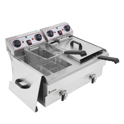 EH102V 16.9QT Stainless Steel Double Tank Deep Fryer 3400W MAX (8L + 8L Capacity) - Large Handle, Ideal for Big Blue Fans