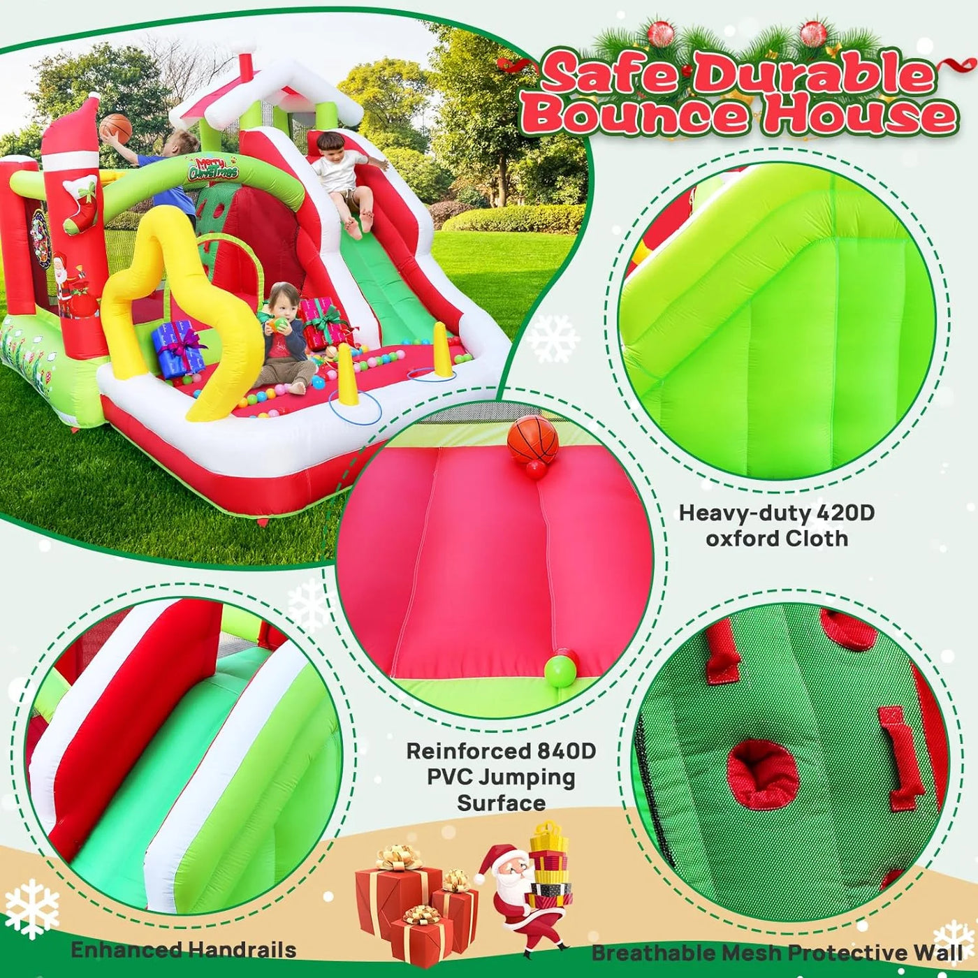 Track 7 Christmas Inflatable Bounce House for Kids, 7 in1 Slide Inflatable Bouncer with Blower, Slide, Climbing, Obstacles, Jumping All in One Castle, Outdoor & Indoor, for Toddlers Age 2+