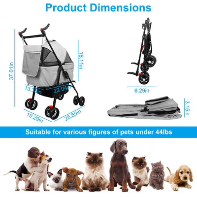 iMounTEK Pet Stroller with 4 Wheels, Outdoor Foldable Dog Cage Stroller with Removable Liner Storage Basket for Dog Cat, Gray