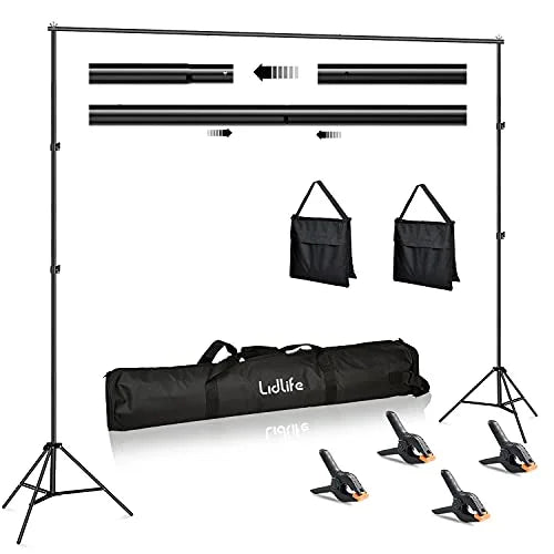 Lidlife Backdrop Stand,6.5 x 10ft Adjustable Photography Background Support System Kit,Background Stand with 4 Spring Clamps and Sand Bag,Carry Bag for Photo Video