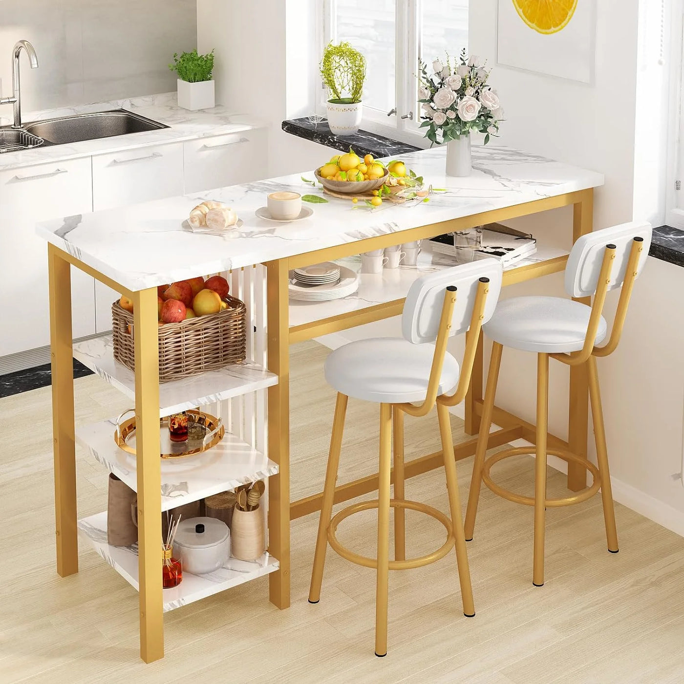 3-Piece Bar Table and Chairs Set, Modern White Faux Marble Table with 2 PU Cushion Bar Stools, Kitchen Counter with 3 Tier Storage Shelves, Space Saving Table for Home & Kitchen, Gold Frame