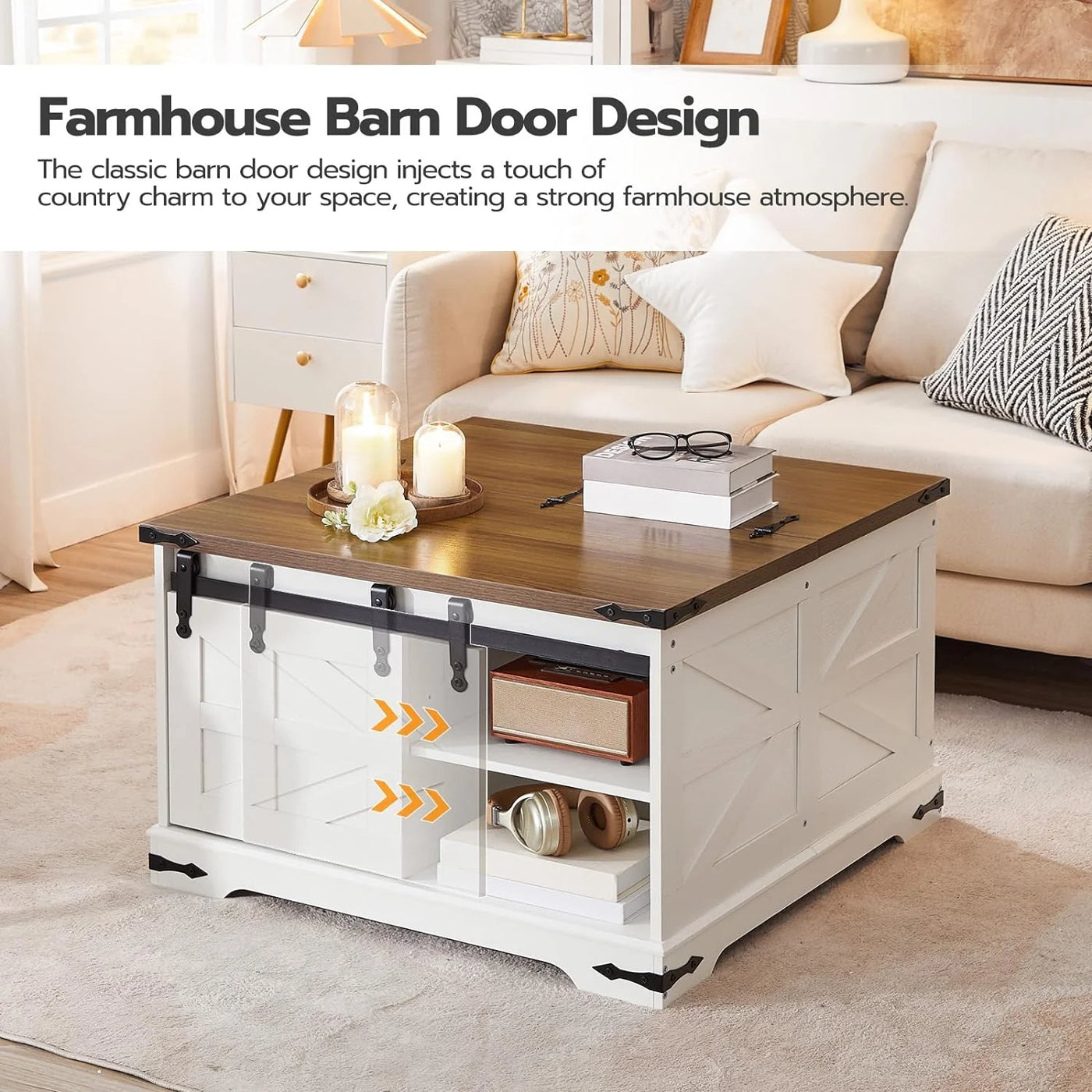 HOOBRO Farmhouse Coffee Table for Living Room with Single Sliding Barn Door Lift Top and Hidden Space White and Walnut WH80KF01