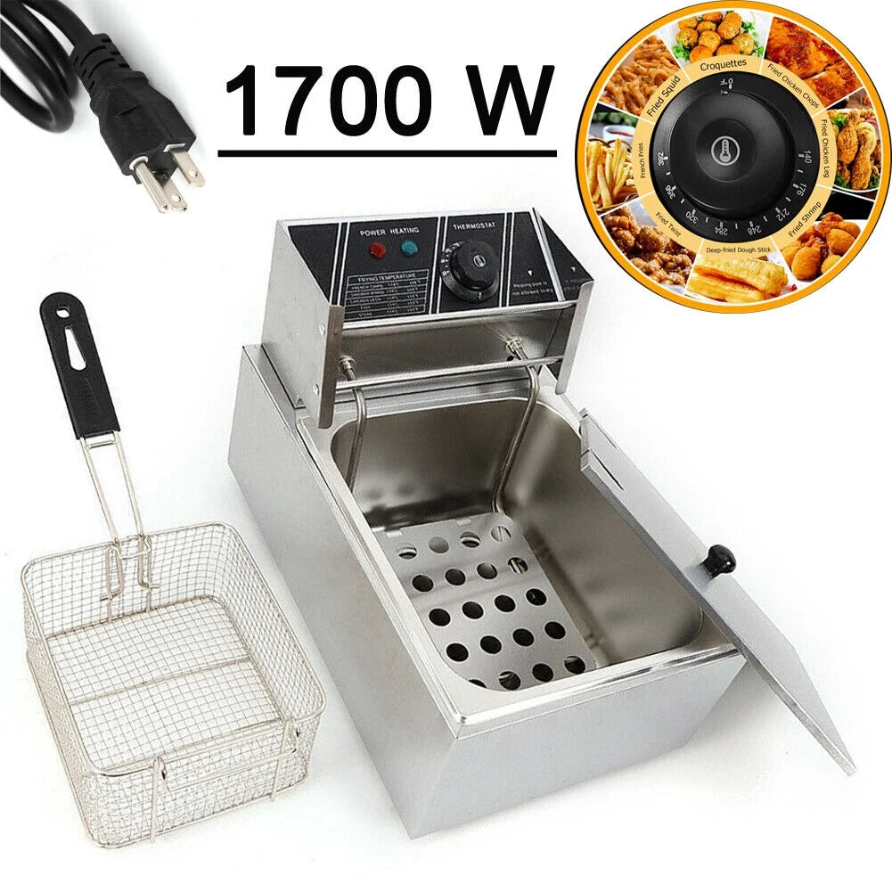 FETCOI 1700W 6L Single Tanks Electric Countertop Deep Fryer Commercial Stainless Steel Large Capacity Fryer Tabletop Restaurant kitchen Frying Machine with Basket