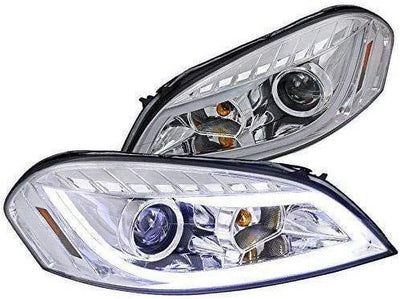 DRL LED Light Bar Strip Projector Headlight Head Lamp Replacement in Chrome Housing Clear Lens Made For And Compatible With 2006 - 2013 Chevy Chevrolet Impala 06 07 08 09 10 11 12 13