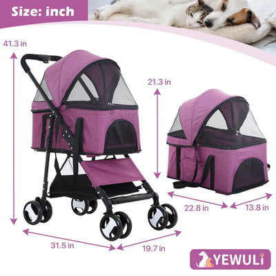 NiamVelo Pet Stroller 3-in-1 Detachable Dog Stroller with 4 Wheels Foldable Dog Travel Cart Cat Walker for Doggy Rabbit, Purple