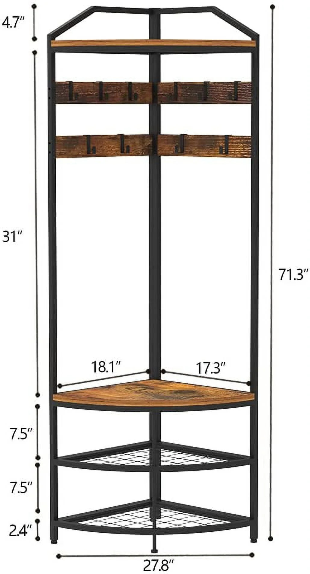 HBROLJF Corner Hall Tree with Shoe Bench Entryway Coat Rack with 10 Metal Movable Hooks Freestanding Shoes Organizer for Home Office Bedroom (Rustic Brown)