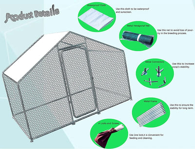 Phonjoroo Large Walk-in Metal Chicken Coop Poultry Cage Hen House Chicken House for Farm Up to 12 Chickens 10’ L x 6.6’ W x 6.6’ H w/Chicken Run Cover for Farm Home use (79.2'' H x 79.2'' W x 120'' D)