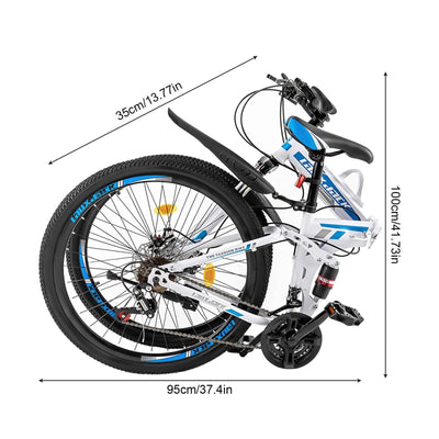 26 inch Foldable Mountain Bike 21 Speed Full Suspension Folding Bicycles with High-Carbon Steel,Double Disc Brake Outroad MTB Bicycles for Adults Men Women