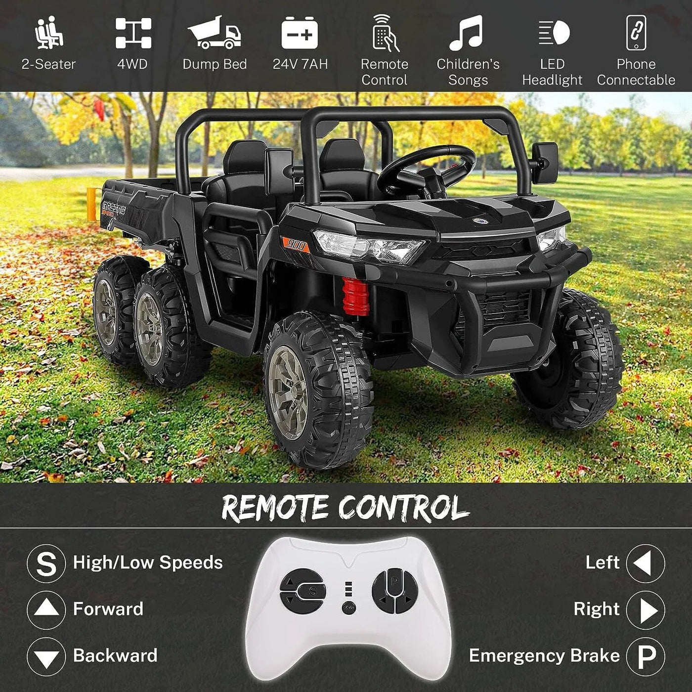 6-Wheel 24V UTV Ride-On with Dump Bed and 4WD Power