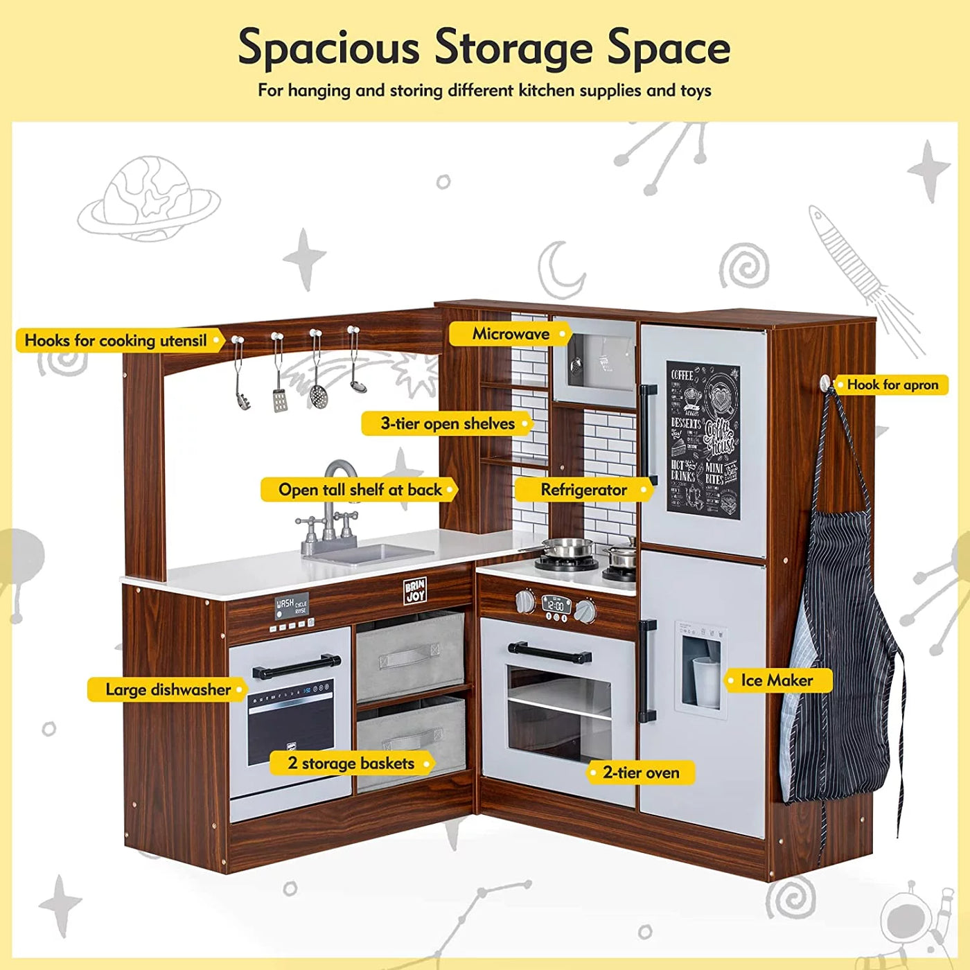 BRINJOY Corner Play Kitchen for Kids, Wooden Toddler Kitchen Playset w/ Faucet, Sink, Microwave, Oven, Apron, Blackboard, Storage Cabinets, Pretend Cooking Toys w/ Sound & Light Gift for Ages 3+