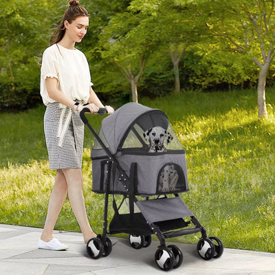 Dkeli 4 Wheels Dog Stroller Folding Pet Stroller Cat Stroller for Medium Dogs with Detachable Carrier, Grey