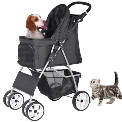 Foldable Pet Stroller, Cat/Dog Stroller with 4 Wheel, Pet Travel Carrier Strolling Cart with Storage Basket, Cup Holder, Black